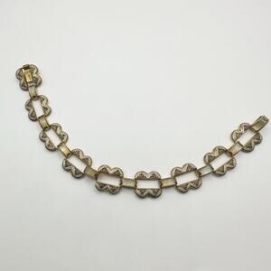 Vintage Bracelet 7" Spain Damascene Mother of Pearl Link Etched Copper Retro